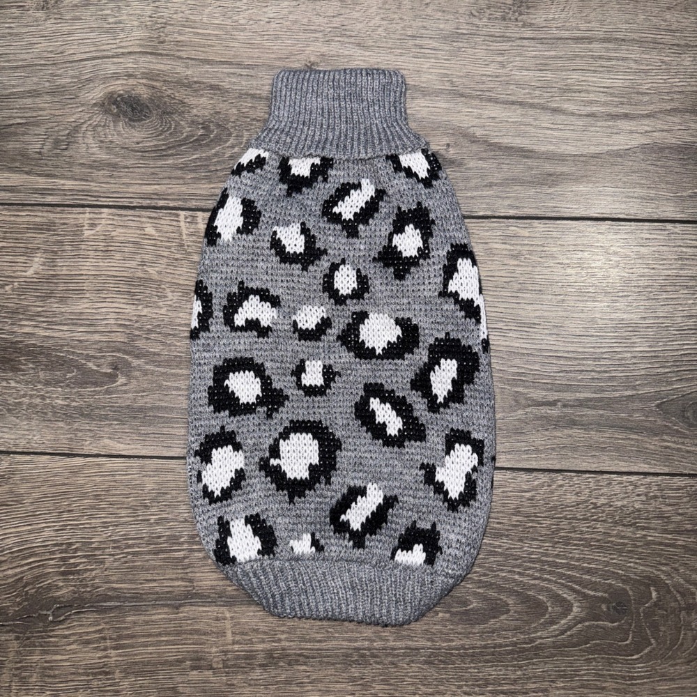 Grey Leopard Print Dog Sweater Small Knit Turtleneck Pet Apparel Pullover